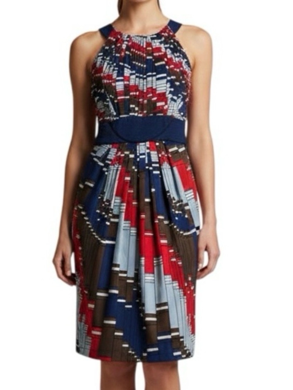 BCBGMaxAzria Multicolor Geometric Halter Midi Dress in Navy, Red & Brown | EUC
